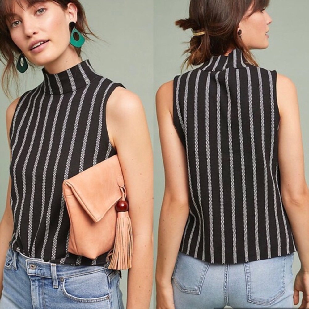 Anthropologie Black & White Striped Mock Neck Sleeveless Top